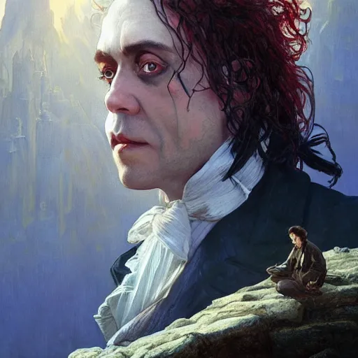 Prompt: sweeney todd as the demon barber standing atop a mountain looking down on london, surreal, intricate, headshot, highly detailed, digital painting, artstation, concept art, cinematic lighting, illustration, art by artgerm and greg rutkowski, alphonse mucha, cgsociety, science fiction