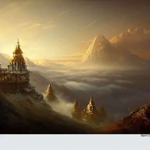 Prompt: Golden palace above the clouds, dreamy landscape, Darek Zabrocki, Karlkka, trending on Artstation, 8K