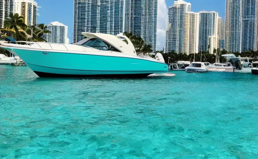 Image similar to a sport boat in a turquoise water. miami. 8 0's style