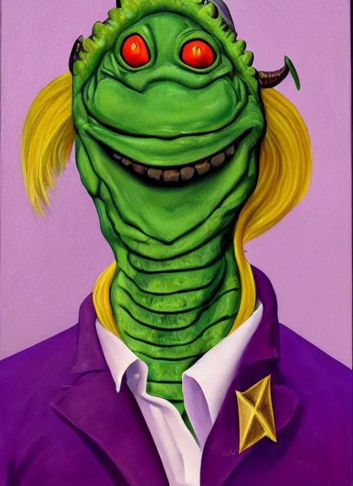 Image similar to oil painting portrait of a cowboy lizard person, a gorn from star trek, a snake oil salesman wearing a blonde wig in a movie poster for a movie called gorn on the bull horn girl, purple green color scheme