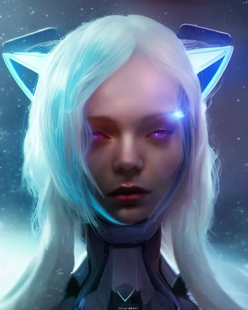 Image similar to perfect android girl on a mothership, warframe armor, beautiful face, scifi, futuristic, galaxy, nebula, raytracing, dreamy, long white hair, blue cyborg eyes, sharp focus, cinematic lighting, highly detailed, artstation, divine, by gauthier leblanc, kazuya takahashi, huifeng huang