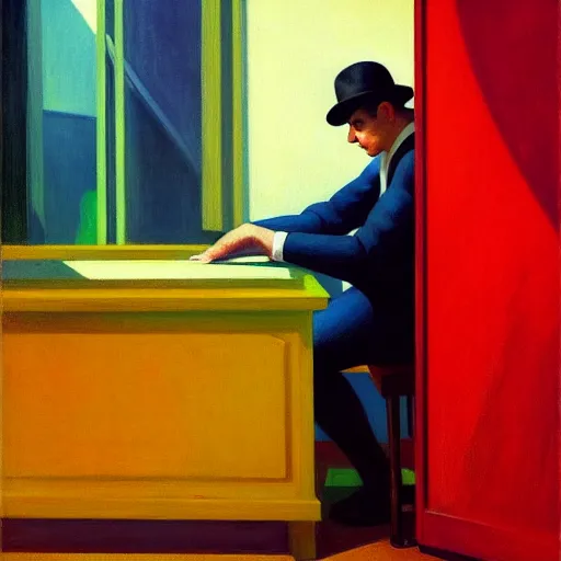 Prompt: A beautiful close-up of a nihilistic man, digital art by Edward Hopper, vibrant color scheme, highly detailed, in the style of romanticism, fine Art, high detail, great lighting, 8k resolution, masterpiece, concept art, illustration, clear eyes, soft lighting, soft details, painting oil on canvas, octane render, HDR, trending on artstation, 4k, 8k, HD