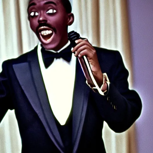 Prompt: a man in a tuxedo singing into a microphone, a colorized photo by Svend Rasmussen Svendsen, dribble, harlem renaissance, 1970s, 1990s, movie still