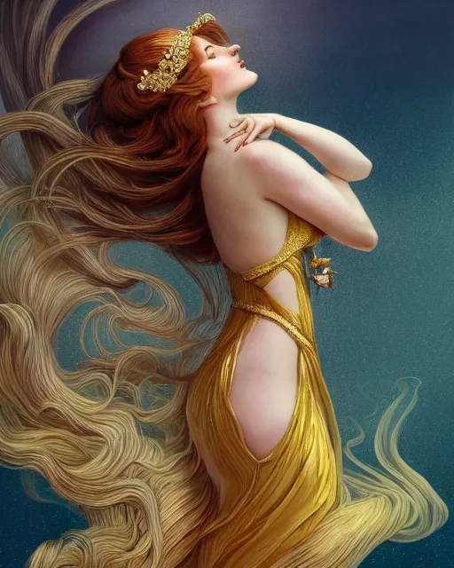 Image similar to a beautiful goldfish woman, pinup pose, long hair, tall and thin, wearing dozens of pendants and a gown of gold, small delicate crown of the sea on her head, illustration, symmetry accurate features, volumetric light clouds, ultra realist soft painting, (art nouveau), octane render, 8k, HD, by Tom Bagshaw, Brom, Charlie Bowater, faces by otto schmidt