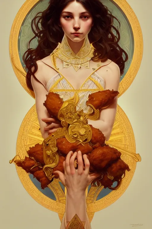 Image similar to symmetry!! plate full of nugget!!, intricate, elegant, highly detailed, digital painting, artstation, concept art, smooth, sharp focus, illustration, art by artgerm and greg rutkowski and alphonse mucha, 8 k