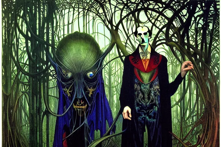 Image similar to realistic extremely detailed portrait painting of an elegantly creepy vampire man dressed as dracula, futuristic sci-fi forest on background by Jean Delville, Amano, Yves Tanguy, Alphonse Mucha, Ernst Haeckel, Edward Robert Hughes, Roger Dean, rich moody colours