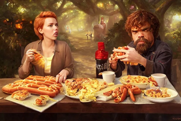 Image similar to portrait of peter dinklage sharing hotdogs with scarlett johansson, an oil painting by ross tran and thomas kincade