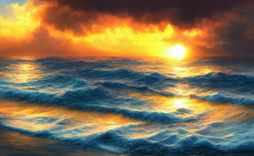 Image similar to Sun coming in the sea after a storm, beautiful landscape, digital painting, realistic, 4k, trending in ArtStation, beautiful and romantic, detailed water