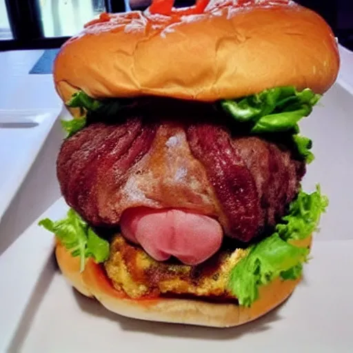 Image similar to kevin bacon face with a bacon texture wrapped inside a cheeseburger