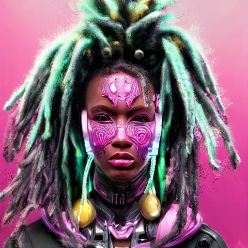 Image similar to a very beautiful black women dressed as pink ninja with highly detailed and intricate cybernetic eyes and colorful dreadlocks, by android jones and greg rutkowski, Trending on artstation, hyperrealism, elegant, stylized, highly detailed digital art, 8k resolution, hd, global illumination, radiant light, detailed and intricate cyberpunk ghetto environment, rendered in octane, oil on canvas, wide angle, dynamic portrait