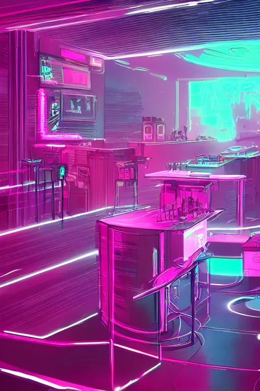 Image similar to cyberpunk synthwave strip club, pink neon lights, futuristic, cgsociety, in the style of artstation