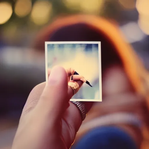 Prompt: a polaroid photo of woman hand with a cigarette, bokeh