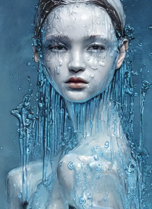 Image similar to sculpture made of water, girl portrait, future, shaman, harper's bazaar, vogue, magazine, wet, blue, concept art, ornate, luxury, elite, elegant, trending on artstation, by ruan jia, by Kenneth Willardt, by ross tran, by WLOP, by Andrei Riabovitchev,