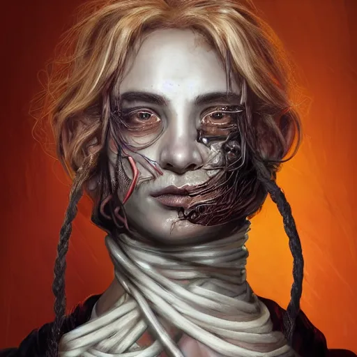 Image similar to portrait of a Shibari rope wrapped face and neck, headshot, insanely nice professional hair style, dramatic hair color, digital painting, of a old 17th century, old cyborg merchant, amber jewels, baroque, ornate clothing, scifi, realistic, hyperdetailed, chiaroscuro, concept art, art by Franz Hals and Jon Foster and Ayami Kojima and Amano and Karol Bak,