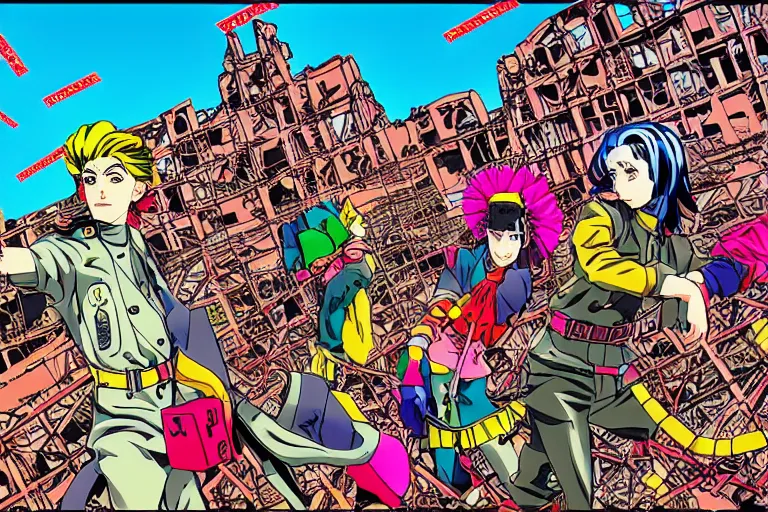 Image similar to The Stalingrad ruins | Colorfull pop art | art by Hirohiko Araki | Hirohiko Araki | Anime wallpaper | funky | colorful | digital art