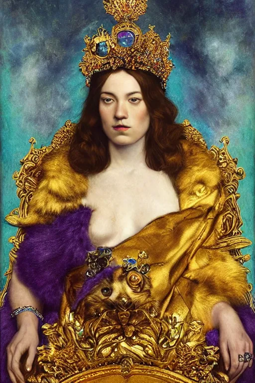 Prompt: “A majestic portrait of Kosmo Kramer with a crown sitting in a gold throne,johannes voss,titian, Tom Bagshaw, Sam Spratt, maxfield parrish, gustav klimt , cinematic, hyper realism, high detail, 8k, intricate, gold green and purple colors”