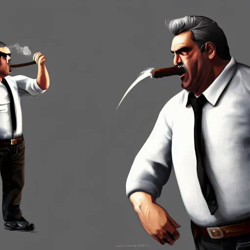 Image similar to a midage italian male, beardless, short black hair with gel, overweight, fine white shirt, leather belt, black pants, leather shoes, smoking a cigar, close up, gta v style, concept art, highly detailed, hyper realistic, unreal engine