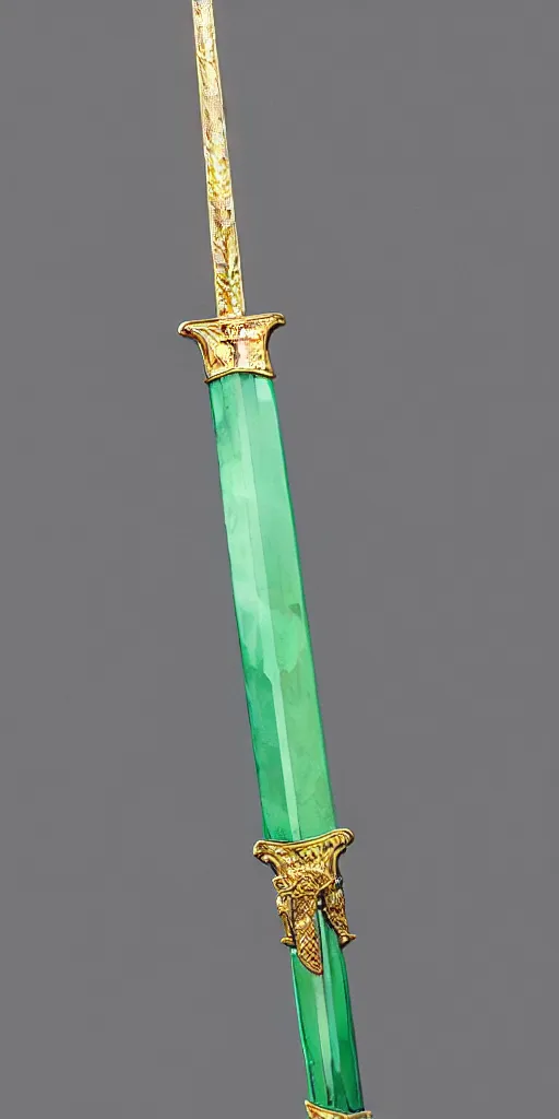 Image similar to photograph of a wide green and teal crystal sword with a big gold sword hilt