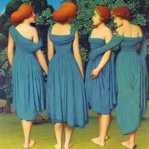 Image similar to seven hens in dresses, maxfield Parrish