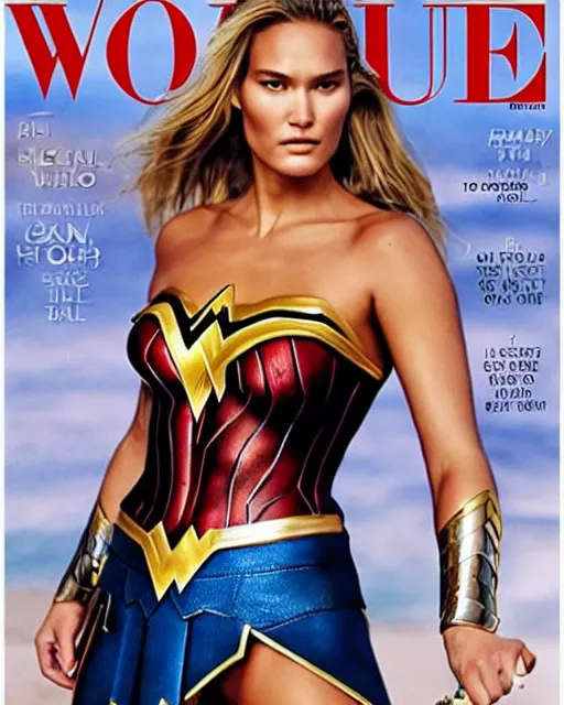 Image similar to bar refaeli as wonderwoman, detailed face, highly detailed, vogue cover photo