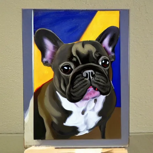 Image similar to french bulldog painting in the style of mona lisa