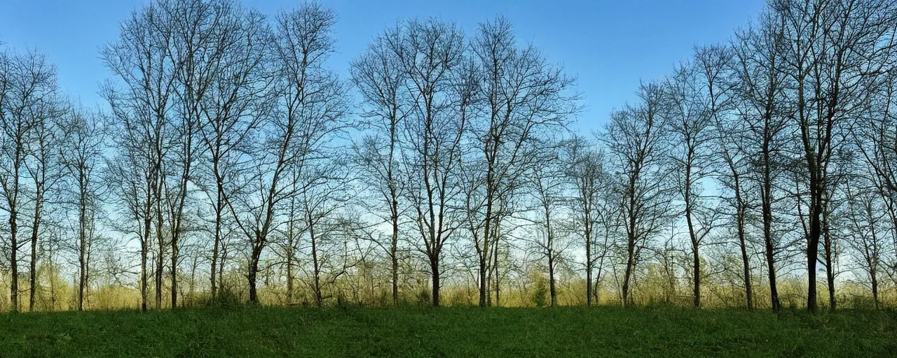 Image similar to at the dam there was a field, with a path running through it, and the sky was a pale blue with no clouds, and the trees stood silent in their verdure