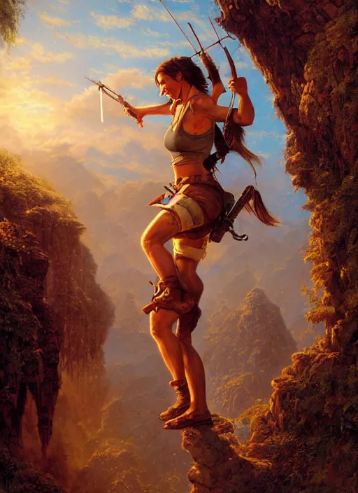 Image similar to seasoned adventurer Lara Croft, golden hour, Lilia Alvarado, Sophie Anderson, Mark Arian, Bob Byerley, Charlie Bowater, Mark Brooks, Steve Henderson, Justin Gerard, Arthur Hughes, Edward Robert Hughes, Mark Keathley, Victor Nizovtsev, Carlos Shwabe, Ross Tran, WLOP