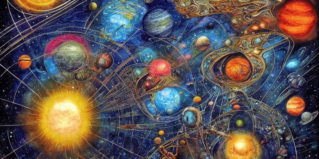 Prompt: psychedelic solar system in deep space, symmetrical, detailed, by dan seagrave art and moebius