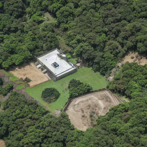 Prompt: fortified compound. aerial photography.