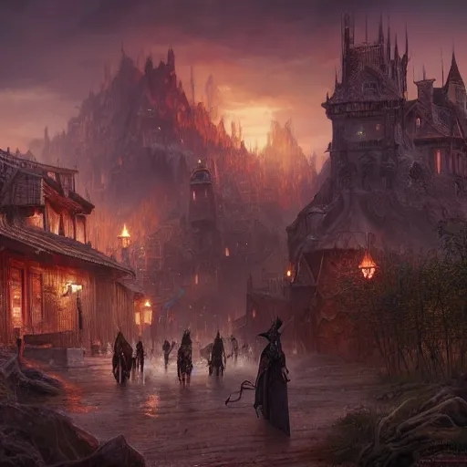 Prompt: a grim dark fantasy town seen from afar, dnd encounter, dark fantasy, extremely detailed, no people, photorealistic, octane render, 8 k, unreal engine 5. art by artgerm and greg rutkowski and alphonse mucha