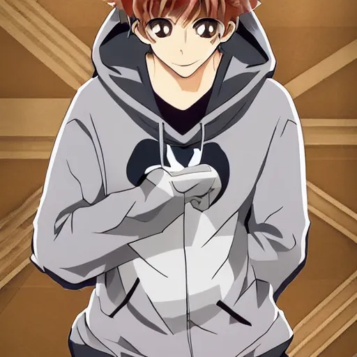 Image similar to key anime visual portrait of a handsome male anthro wolf furry fursona with beautiful eyes, wearing a hoodie, official modern animation