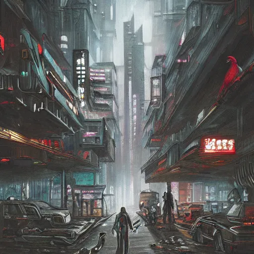 Prompt: A dark painting of a cyberpunk city infested with giant pigeons, trending on deviantart