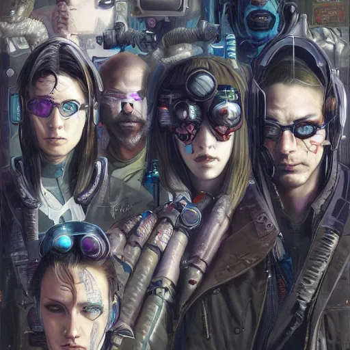 Image similar to frontal portrait of a cyberpunk gang, by gerald brom and kim kyoung hwan