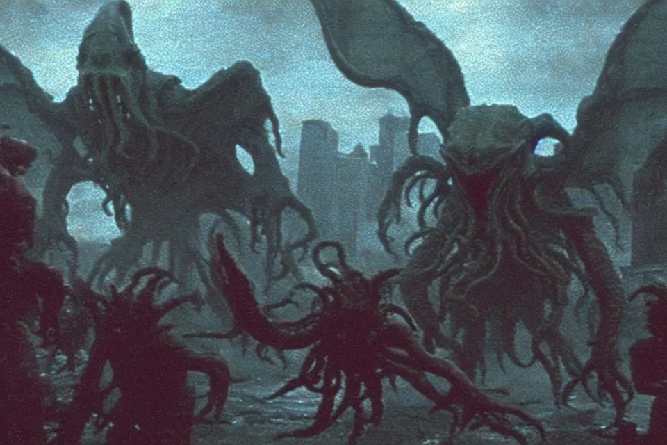 Prompt: still image taken from sci fi horror movie of a cthulhu attacking a city. low camera angle. failure pictures.