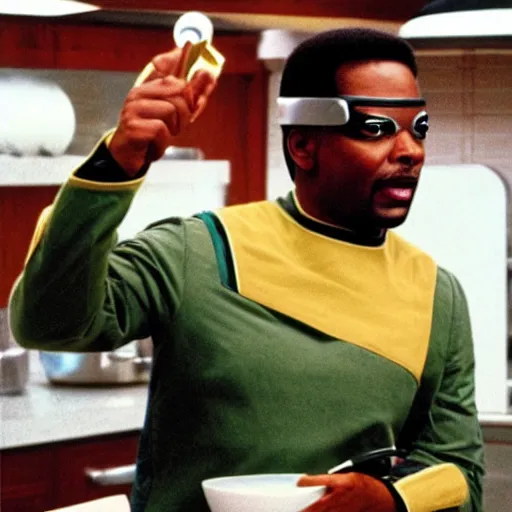 Image similar to Geordi LaForge wearing visor and a colander and random kitchen tools on his head