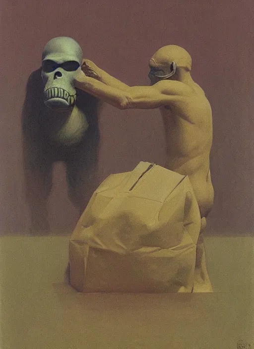 Image similar to ape in paper bag over the head and a sward Edward Hopper and James Gilleard, Zdzislaw Beksinski, highly detailed