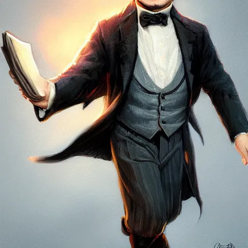 Prompt: portrait of a hobbit gentleman in a tuxedo, Cinematic lightning, D&D, fantasy, highly detailed, digital painting, sharp focus, illustration, art by artgerm and greg rutkowski and magali villeneuve