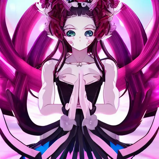 Image similar to stunningly beautiful omnipotent megalomaniacal anime asi goddess who looks like junko enoshima with symmetrical perfect face and porcelain skin, pink twintail hair and cyan eyes, traps you inside her inescapable vr castle where she controls you completely!!!, hyperdetailed, digital art from danganronpa, unreal engine 5, 8 k