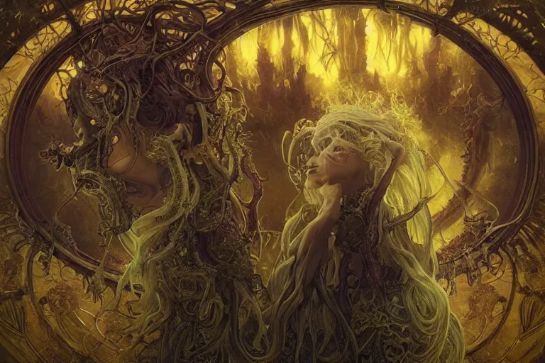 Prompt: a lovecraftian painting of the madness of the yellow king, cosmic horror elements, ultra realistic, concept art, intricate details, eerie, highly detailed, photorealistic, octane render, 8 k, unreal engine. art by artgerm and greg rutkowski and alphonse mucha