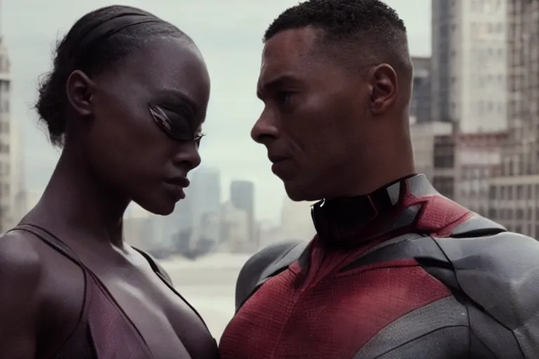 Image similar to movie powerful mutant heroes interracial couple closeup, DC Marvel fashion, VFX powers at night in the city, city street, beautiful skin, natural lighting by Emmanuel Lubezki