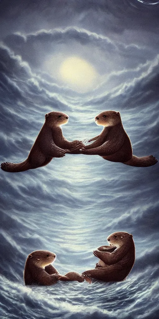 Image similar to adorable otters falling in love holding hands side by side, all alone in the middle of a scary storm at sea, fantasy illustration, cinematic, award winning, romantic, detailed trending on artstation, masterpiece