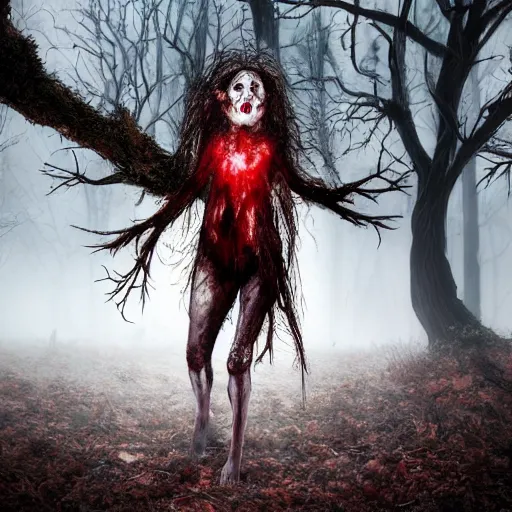 Prompt: A realistic detailed photo of a creepy witch, blood, exploded belly, red eyes, destroyed body, dead skin, dead trees, detailed body, teeth filled with cavities, foggy landscape, creepy, light particles, detailed light, realistic shaders, trending on artisation, detailed textures, detailed, realistic.