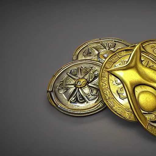 Image similar to coins from a fantasy world, made of gold and silver, magic symbols are engraved on them, unreal engine 5 4k render, artstation