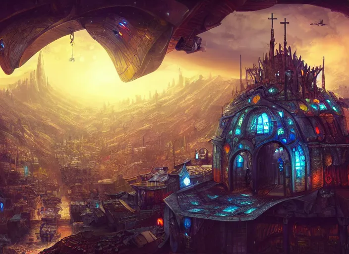 Image similar to favela spaceship cathedral, fantasy environment, sorcery, scenery, professional, award - winning, trending on artstation, hyper detailed, realistic, beautiful, emotional, shiny, colorful, picture