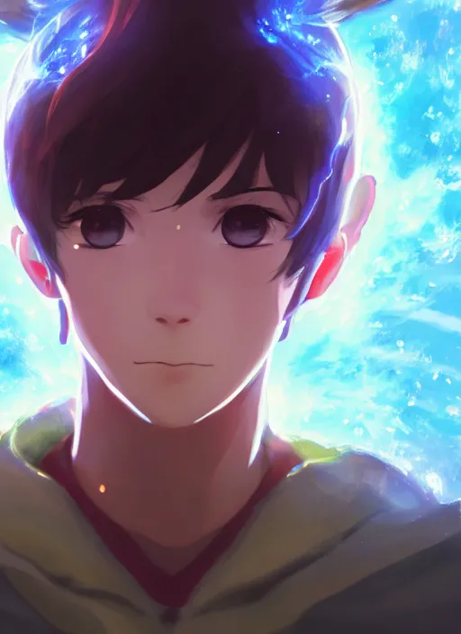 Image similar to a portrait of elemental light - kun with halo around his head, shiny, intricate, tone mapped, ambient lighting, highly detailed, digital painting, artstation, concept art, 4 k, god rays, stunning beautiful, glowing eyes, sharp focus, by makoto shinkai and akihiko yoshida and hidari and wlop