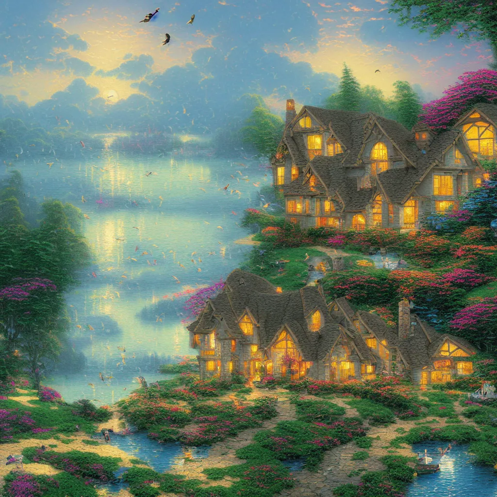 Prompt: house with birds above it and beautiful lake, by thomas kinkade and peter morbacher and dan mumford