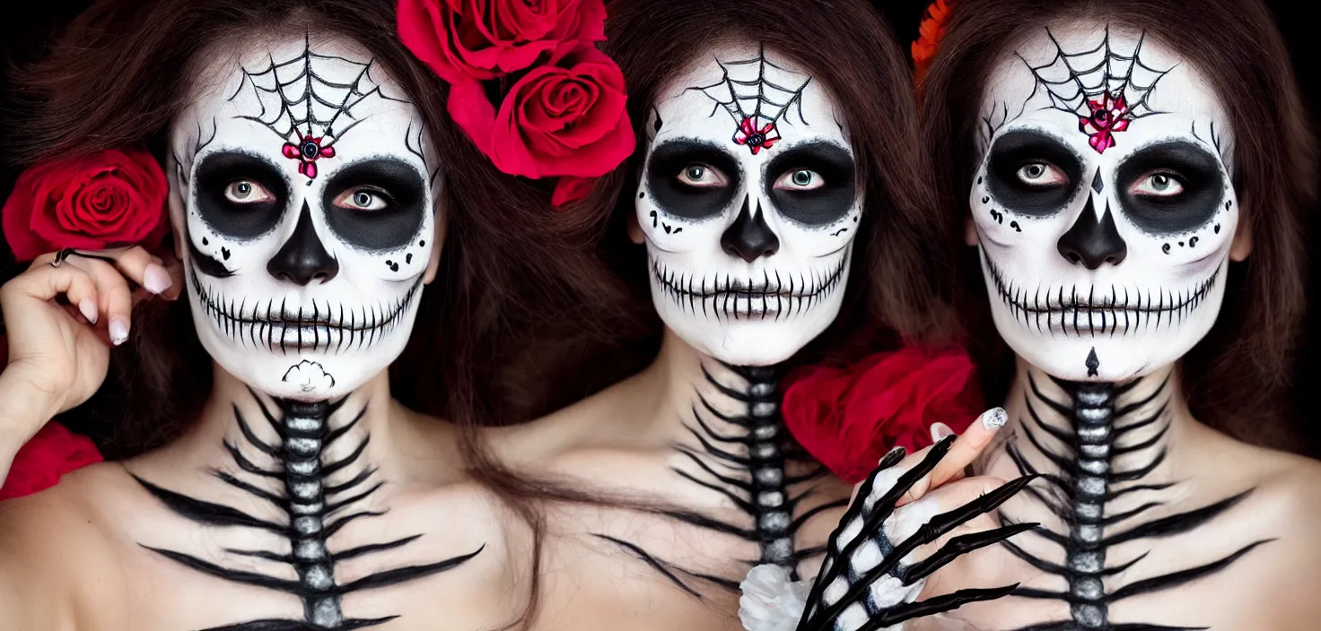 Prompt: halloween beauty portrait of a skeleton woman of death, the makeup on the face. day of the dead by ivafoto