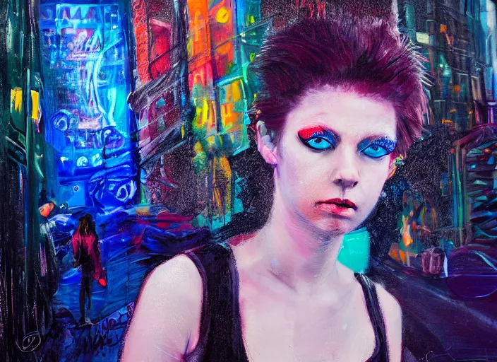Prompt: detailed portrait of a punk girl with blue eyes in the city street at night, bokeh, long exposure, painting by jason shawn alexander christopher doyle