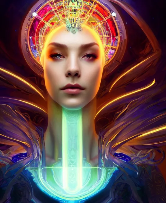 Image similar to a whirlwind of souls rushing inside the metaverse, half body, glowin eye, tiara with sapphire, pharaoh, android, cyborg, cyberpunk face, d & d, fantasy, intricate, elegant, highly detailed, colorful, vivid color, digital painting, artstation, concept art, art by artgerm and greg rutkowski and alphonse mucha and ruan jia