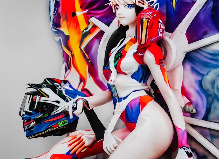 Image similar to extremely beautiful photo of a white marble statue of an anime girl with colorful motocross logos and motorcycle helmet with closed visor, colorful smoke in the background, carved marble statue, fine art, neon genesis evangelion, virgil abloh, offwhite, denoise, highly detailed, 8 k, hyperreal